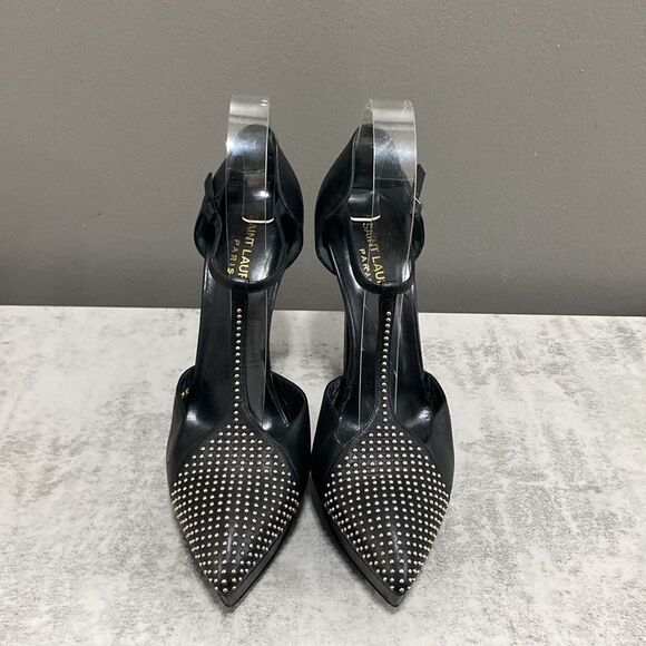 Saint Laurent Paris Black Leather Janis Studded T Strap Platform Pumps Size 37.5 - Picture 3 of 16